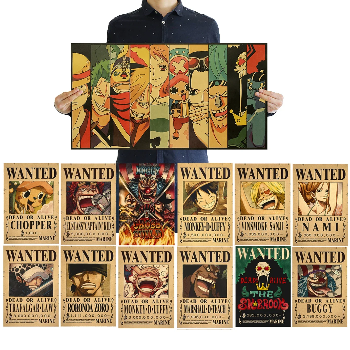 

New Anime One Piece Luffy 3 Billion Bounty Wanted Posters Four Emperors Kid Action Figures Vintage Wall Decoration Poster Toys