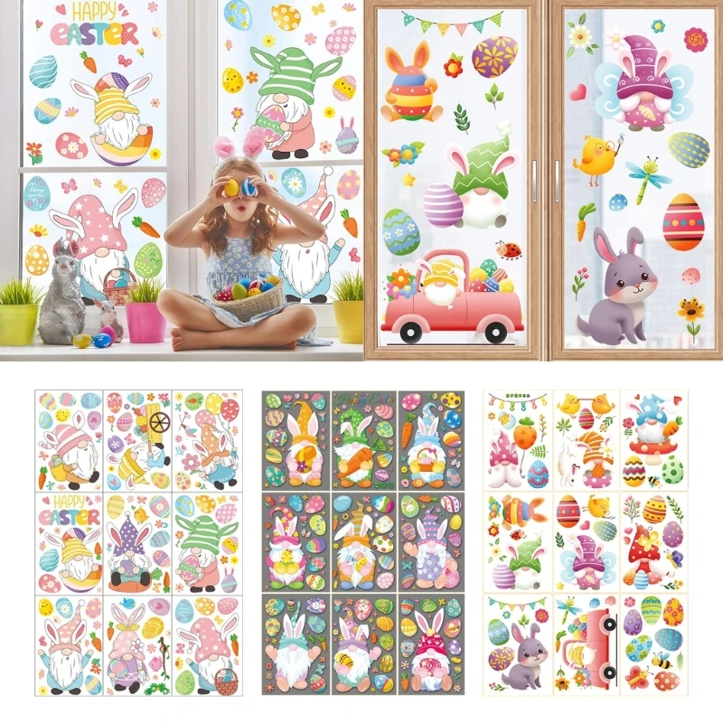 

9pcs Happy Easter Stickers Easter Egg Bunny Gnome Electrostatic Sticker Window Glass Decals Home Decoration Wall Sticker