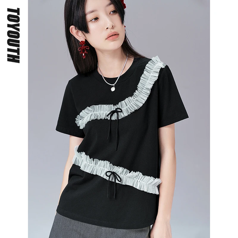 

Toyouth Women T-shirts 2022 Summer Short Sleeve O Neck Loose Tees Lace Bow Black Comfortable Elegant Vintage Tops