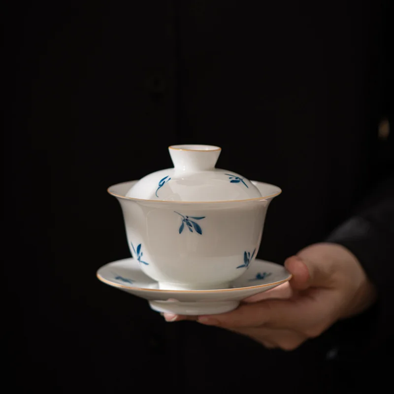 

Ручная роспись, фаленопсис, сладкий белый, Gaiwan, фарфор, чайный набор кунг-фу, противоожоговая чаша для заваривания чая, бытовая чайная чаша