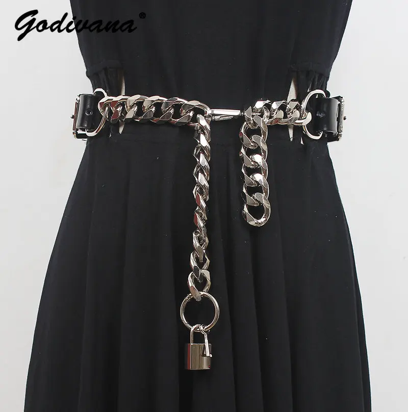 Lock Head Hanging Ornaments Waistband Women's Spring Autumn New Design All-Match Style Genuine Leather Ladies Belt Chain Girdle