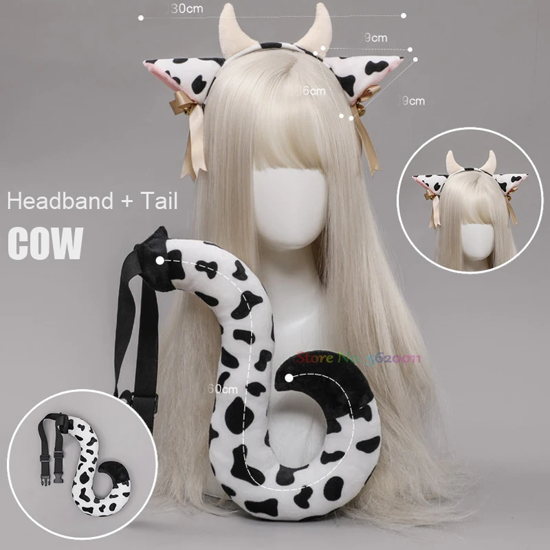 

Wome Girls Handmade Plush Animals Cow Headwear Tails Accessories Halloween Cosplay Costumes Props Party Role Play Dress Up Decor