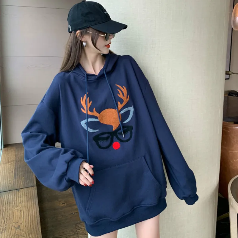 

Woman Deer Print Sweatshirts Plus Size Hoodies Korea Aesthetic Vintage Clothes Women Loose Body Pull Full Sleeve Kawaii Homewear