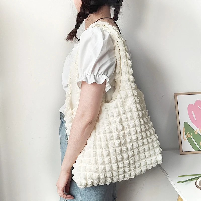 Korean Style Bubble Chiffon Women Shoulder Bag Fashion Sweet Large Capacity Handbag Lattice Girl Heart Bag For Daily Commute