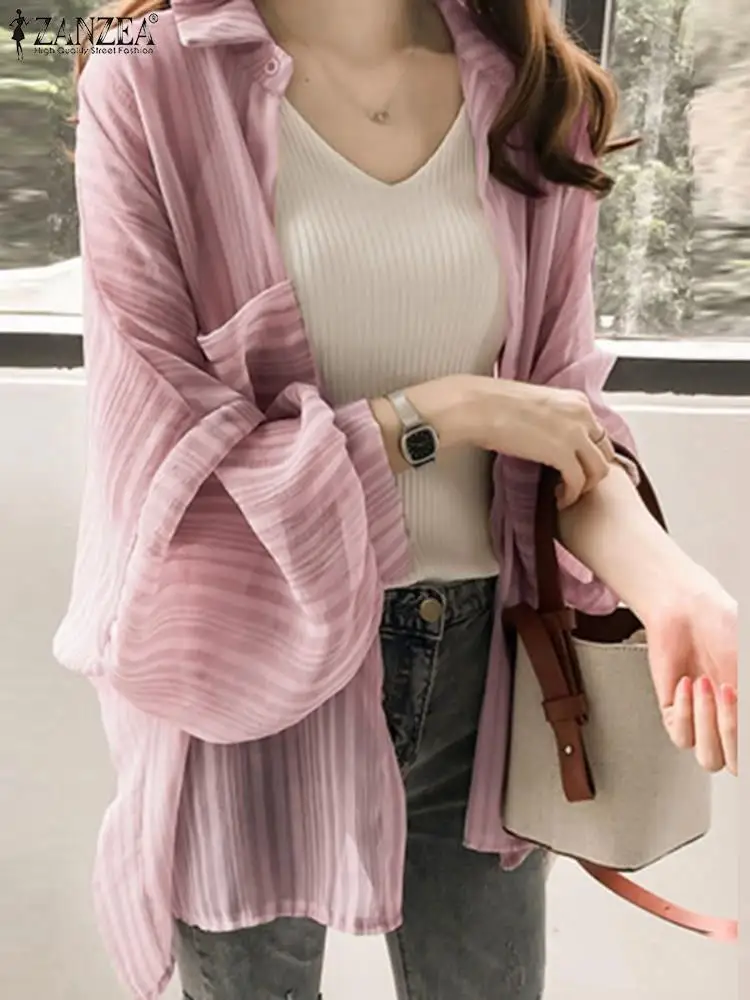 

ZANZEA Bohemian Fashion Striped Shirt Women Long Sleeve Buttons Up Blouse Casual Beach Kimono Female Elegant Tops Holiday Blusas
