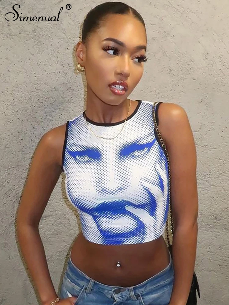 

Simenual хипстерский Топ без рукавов с принтом, женский сексуальный облегающий укороченный топ с круглым вырезом, летняя пляжная одежда