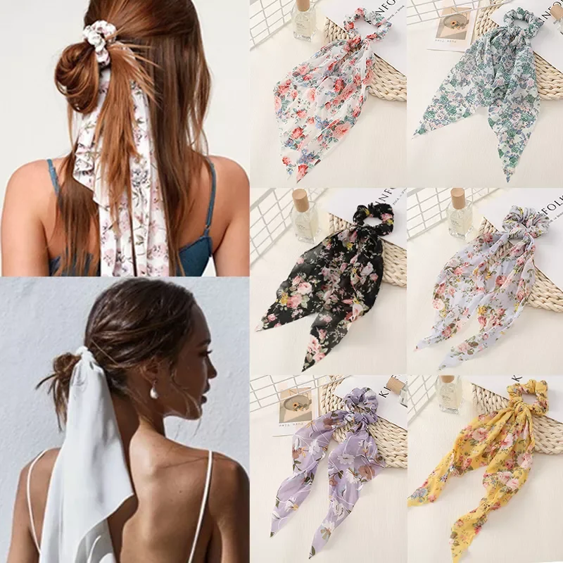 

Floral Print Bow Satin Long Ribbon Ponytail Scarf Hair Tie Scrunchies Women Girls Elastic Hair Bands Hair Accessories trending p