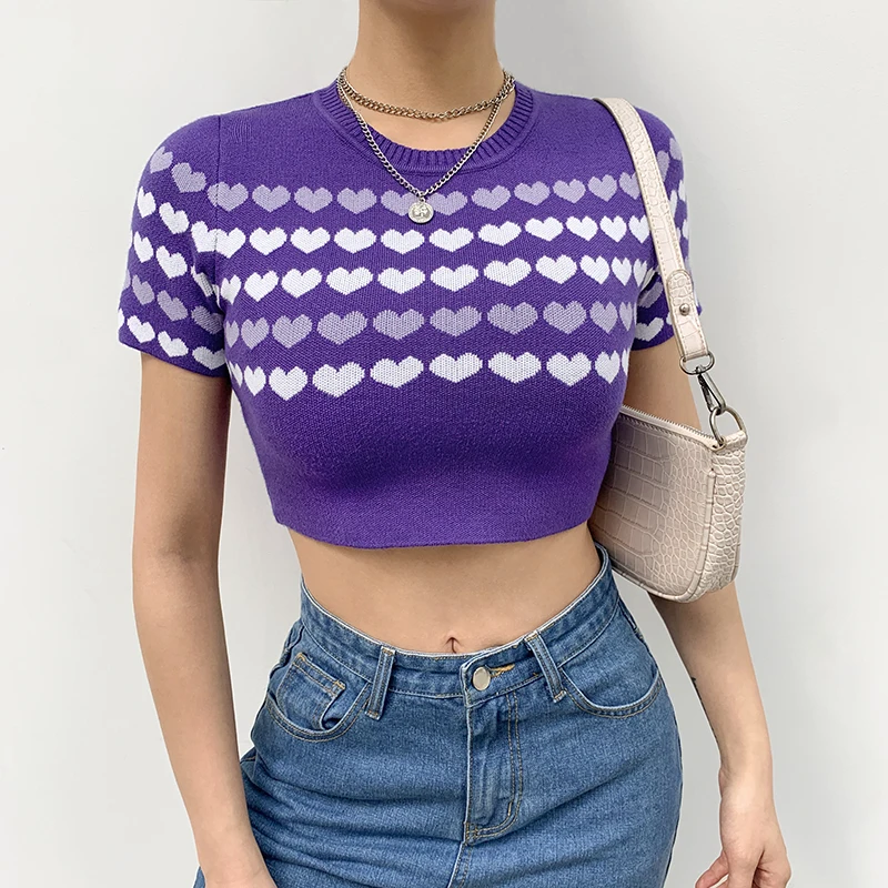 

Summer O-Neck Slim Crop Top Kawaii Heart Print Y2k Knit T-Shirts Girls Purple Short Sleeve Female Fashion Stretch Soft Tee Shirt