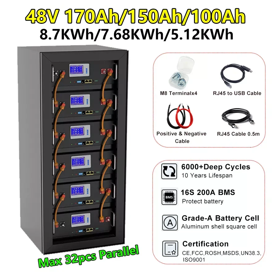 

48V LiFePO4 170Ah 150Ah Battery Pack 51.2V 8.7KWh RS485 CAN Communication Full Capacity Grade-A 48V Battery Cell