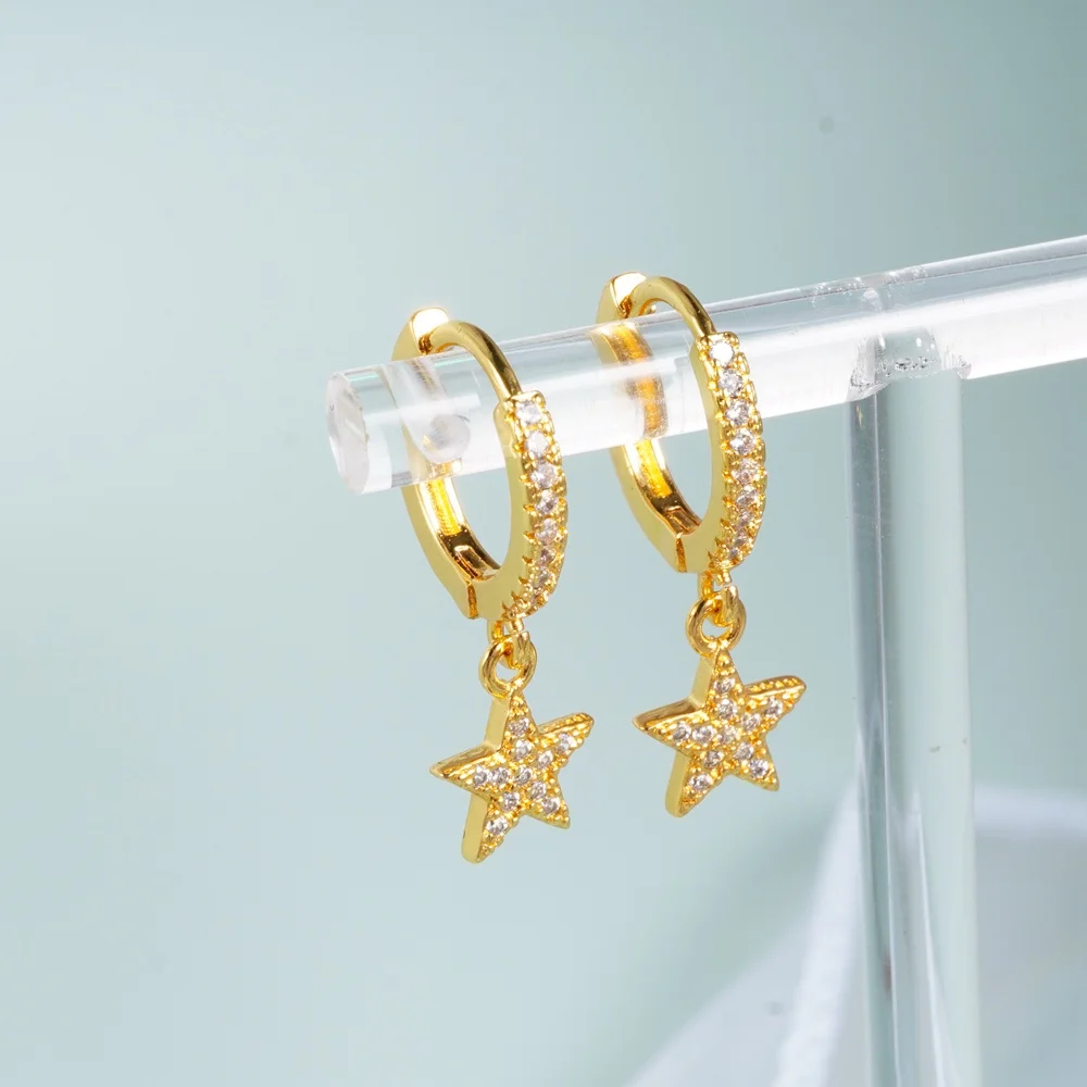 

Top Quality Copper Jewelry Small Star Pave Crystal Gold Dangle Hoop Earrings for Women Girls Trendy Accessories Gifts
