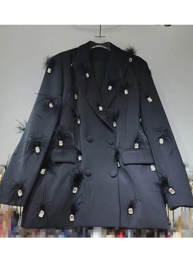 ZMEENNA Стразы пэчворк перо двубортный зубчатый однотонный тонкий женский Блейзер