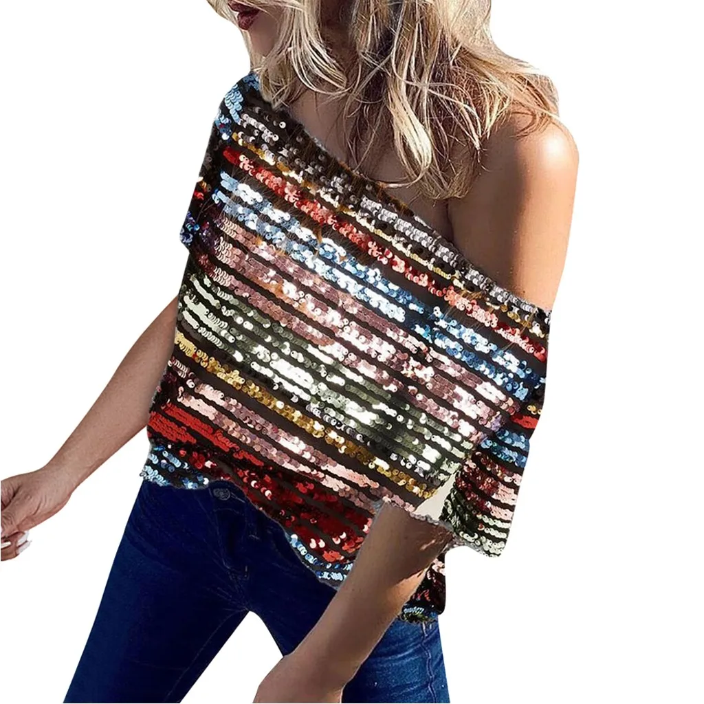 

Women Skew Neck Short Sleeve Striped Sequined Shirt Summer Sexy Party Fashion T Shirt Chic Sparkly Tops Irregular Sequins Top