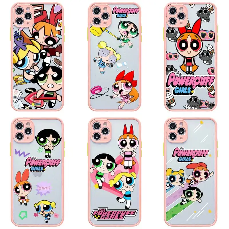 

Cute Cartoon Powerpuff Girls Phone Case For iphone 14 13 12 11 Pro Max Mini Plus X XS XR Light Pink Matte Transparent Cover
