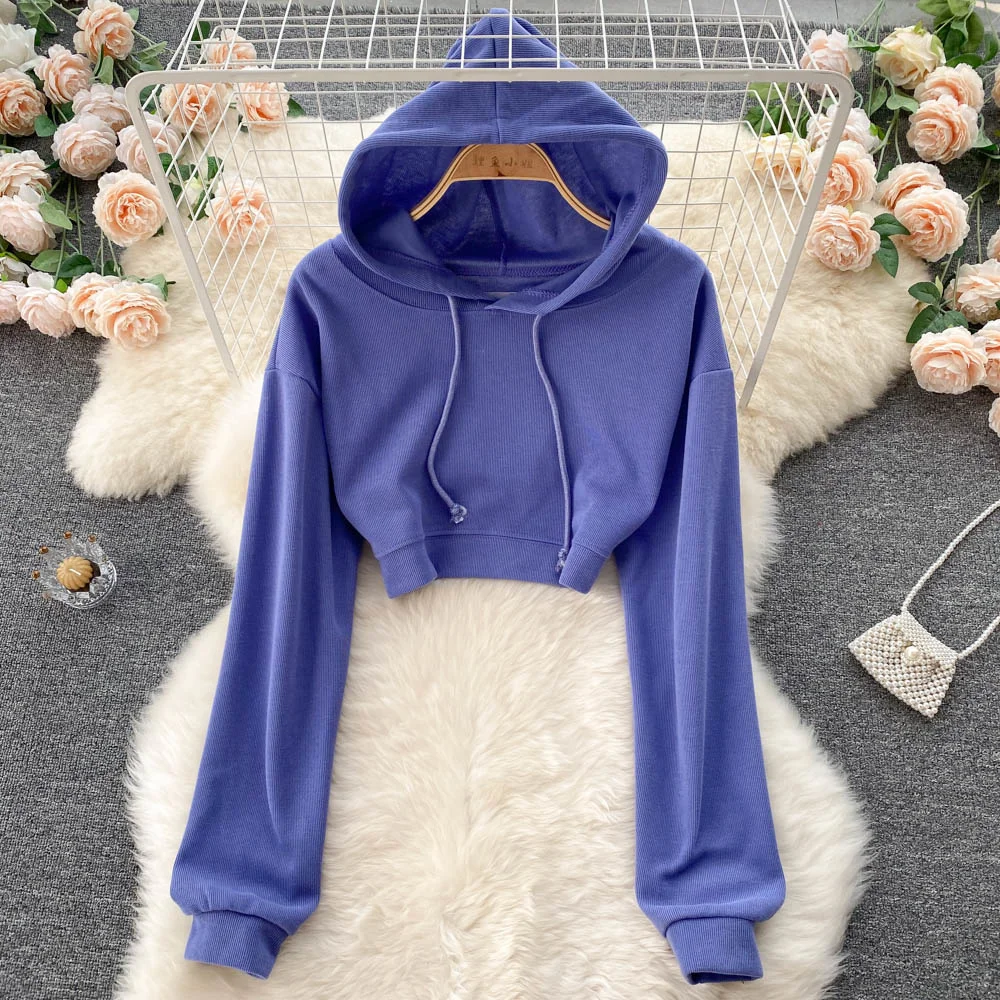 

Women's Hoodies New Spring Autumn Long Sleeve Cropped Sweatshirt Solid Color Korean Fashion Hooded Pullover Sweatshirt Tops