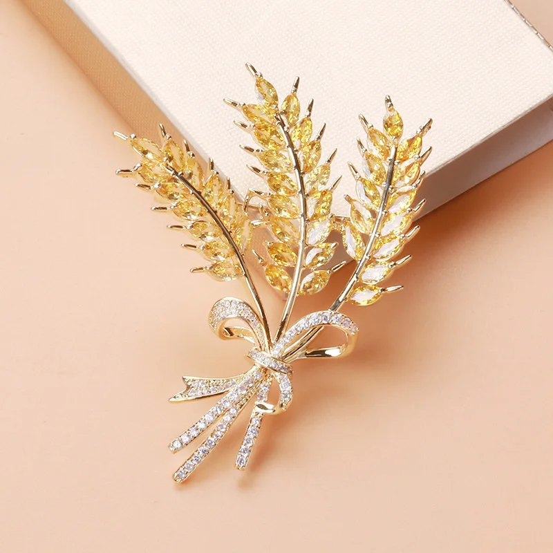

New Sparkling Zirconia Ear of Wheat Brooches for Women Fashion Luxury Gold Color Collar Pins Badge Costume Party Wedding Jewelry