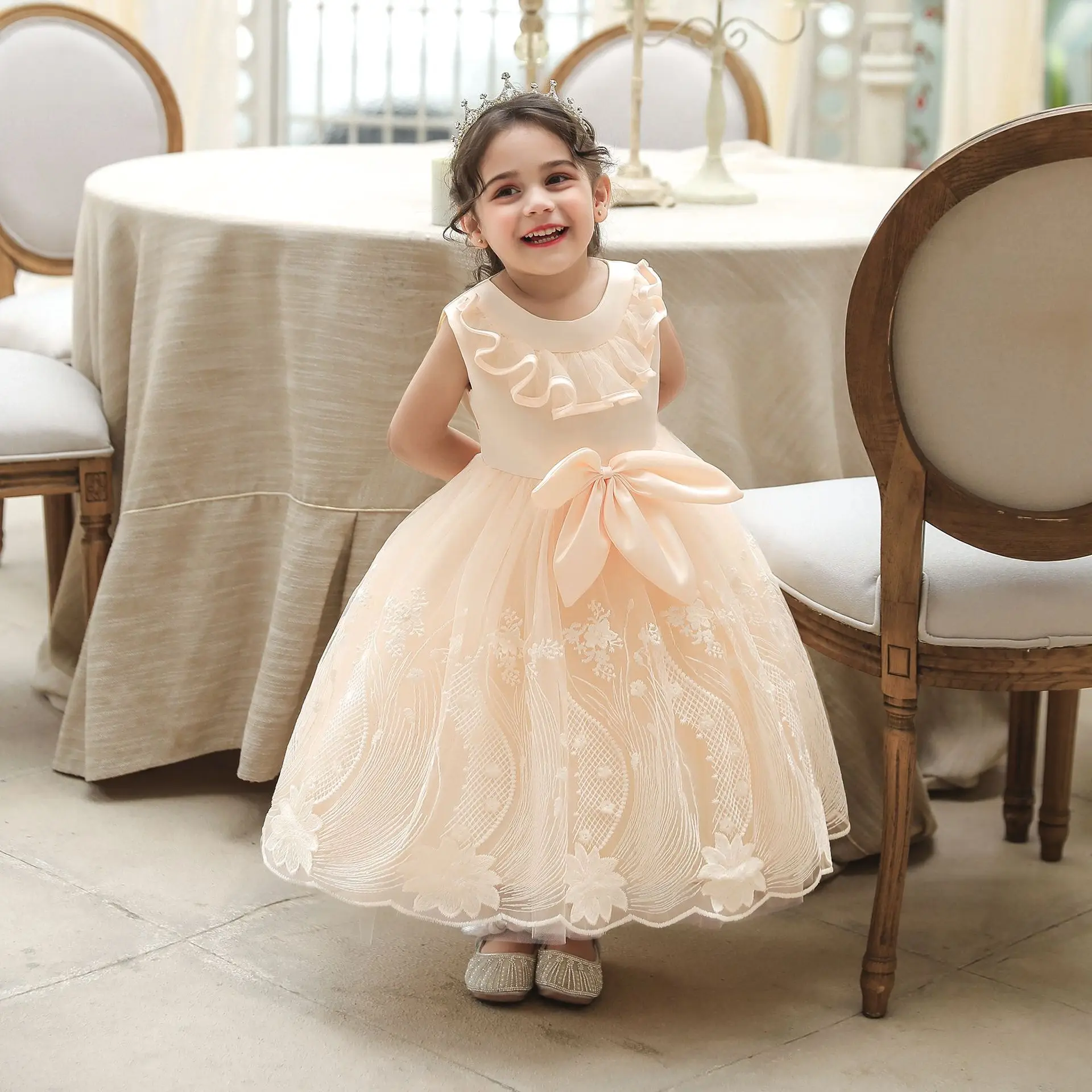 

Spring Kids New Fashion Embroidered Princess Bow Tulle Knee Length Show Party Evening Dress Flower Girl Wedding Bridesmaid Dress