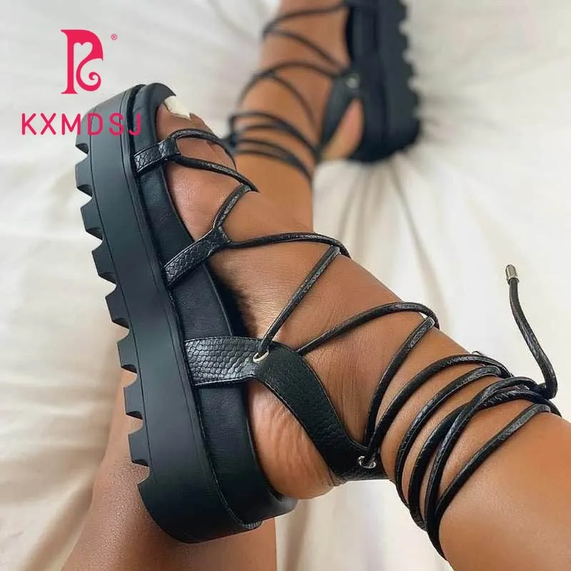 

Женские сандалии-гладиаторы на платформе, со шнуровкой и перекрестными ремешками, на толстой подошве