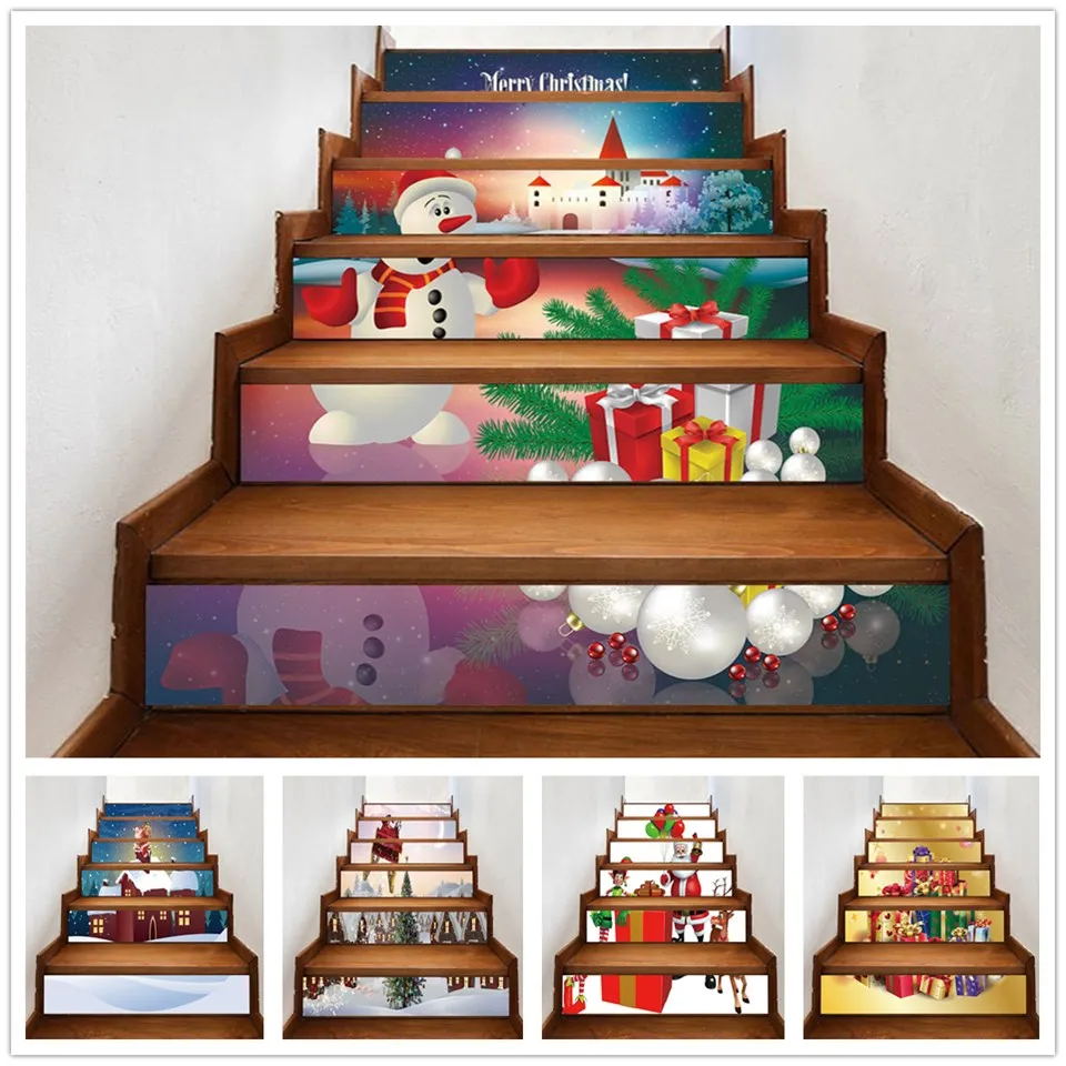 

6pcs/13pcs Merry Christmas Stair Stickers Self Adhesive Waterproof PVC Wall Mural DIY Art Stairway Decals Xmas Home Decoration
