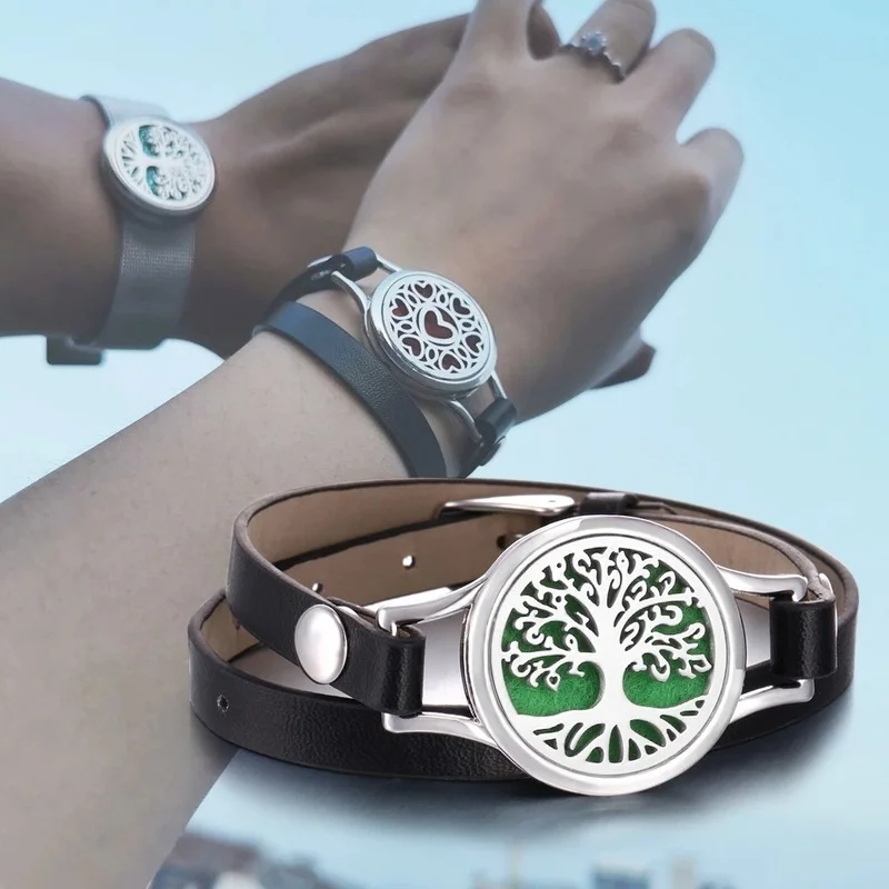 

Aromatherapy Ornament Hollow Out Fragrance Essential Oil Diffuser Leather Strap Double Layer Stainless Steel Bracelet Jewelry