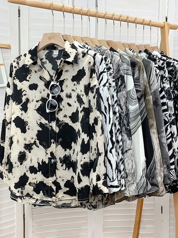 Deeptown Leopard Print Tops for Women Chiffon Blouses Lady Beach Casual Shirt Button Up Blouse Long Sleeve Women Shirt Clothes