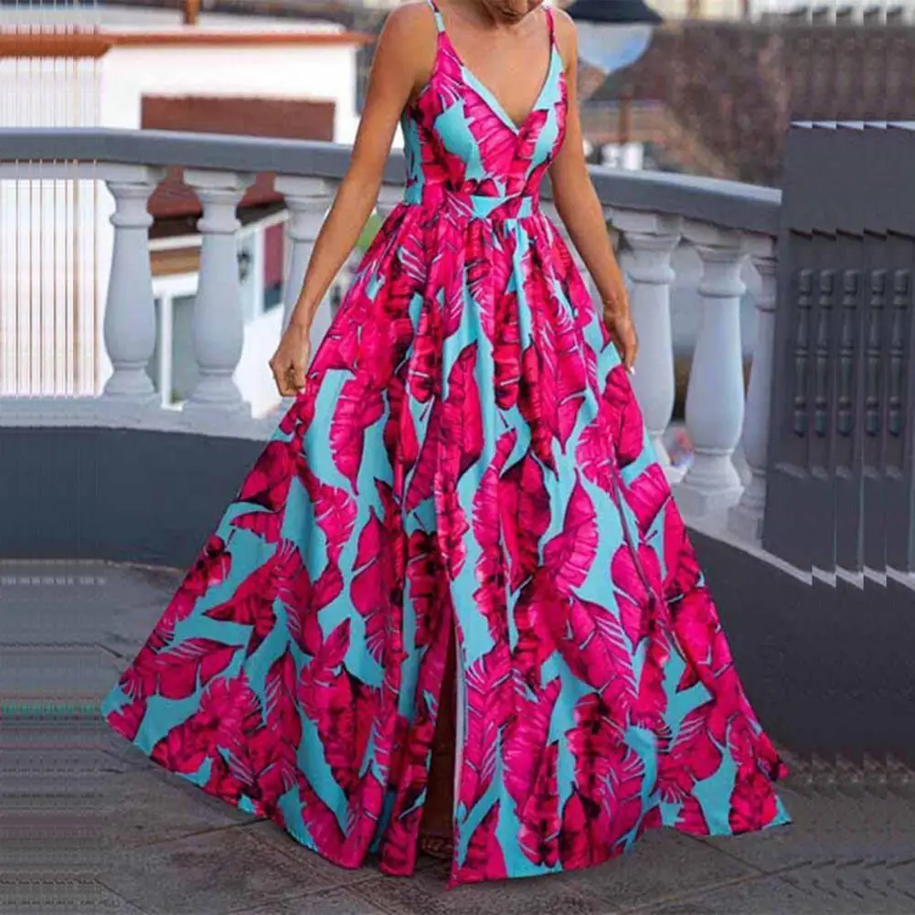 

V-Neck Waist Tight Split Large Hem Maxi Dress Floral Print Sleeveless Sling Summer Sleeveless Beach Holiday Dress Female Clothin