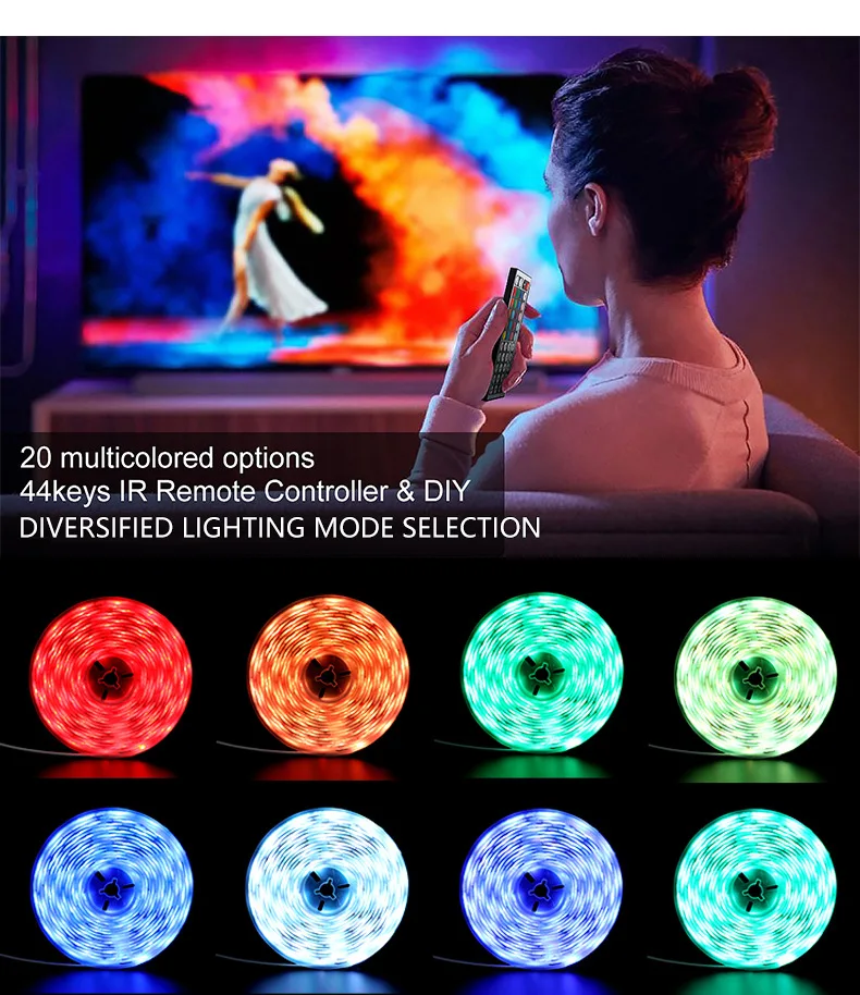 

Лампа RGB 5050 с SMD, 12 В постоянного тока, гибкая, водонепроницаемая, для внутреннего декора, инфракрасный пульт дистанционного управления с 44 клавишами