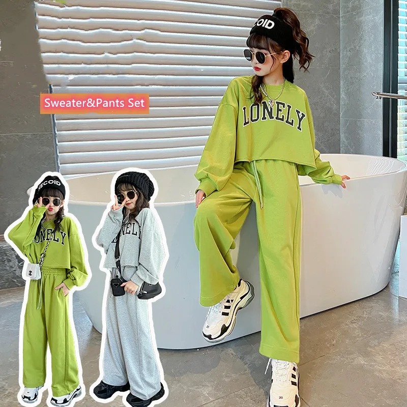 

Girls' Clothes Suit Korean Fashion Loose Casual Sweater+Sports Pants 2PCS Children's Spring And Autumn Sports Suit 3-12Y
