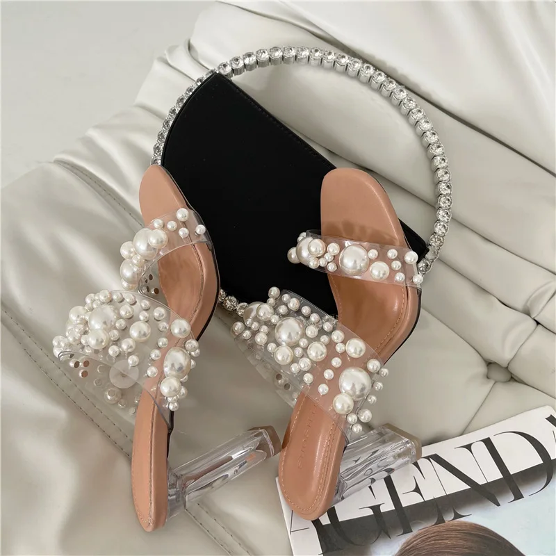 New Transparent PVC String Bead Shoes Woman Fashion Open Toe Slippers Crystal Heels Slides Beach Sandale Ladies  Sandalias