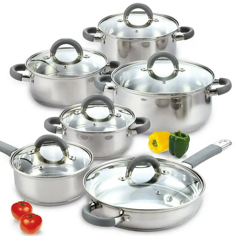 

Cookware Sets, 12-Piece Stainless Steel Pots and Pans with Grey Silicone Handles, Silver