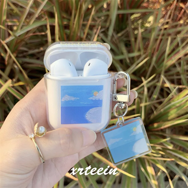 

Flowers Landscape Earphone Case Cover For Apple Airpods 1 2 3 Pro Transparent TPU Soft Wireless Charging Box With Pendant