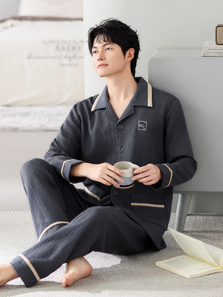 Пижамы из воздушного хлопка мужские весенне-осенние утепленные хлопковые пижамы