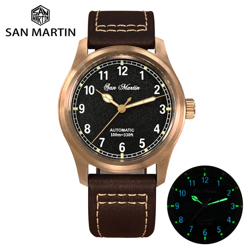 

San Martin New Men Watch Cusn8 Bronze Vintage Military Simple Style YN55 Automatic Mechanical Wristwatch Leather 100M Waterproof