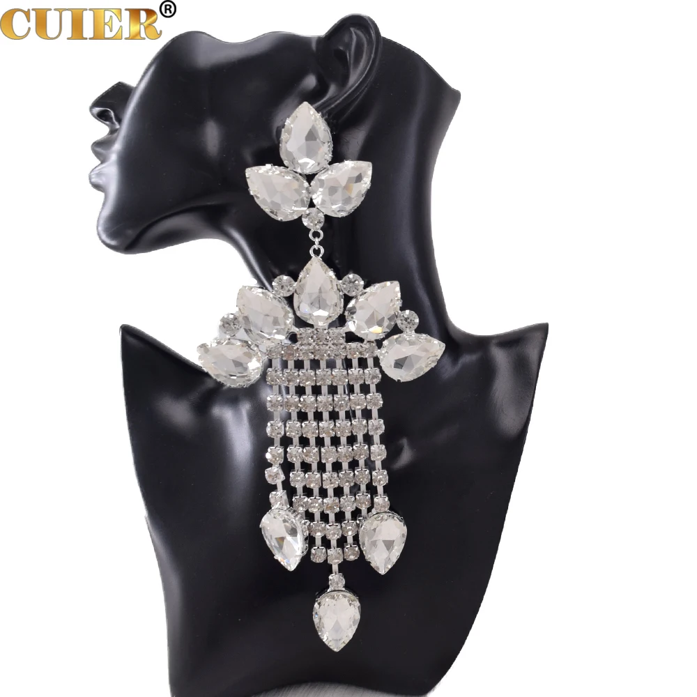 CUIER 21cm Super Long Water Drop Earring Clip on For Men Drag Queen Jewelry Sparking Glass Gemstone SS28 Rhinestones Huge size