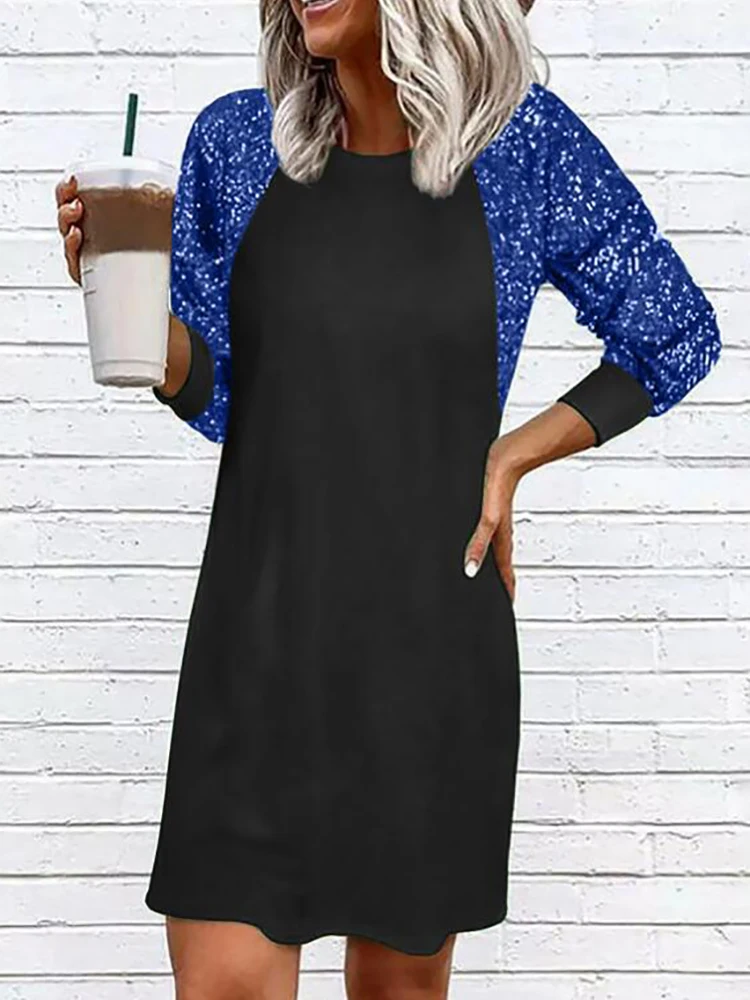 

Повседневный Свободный пуловер с длинным рукавом, мини-платье, элегантное лоскутное вечернее платье с круглым вырезом и блестками, весна-ос...