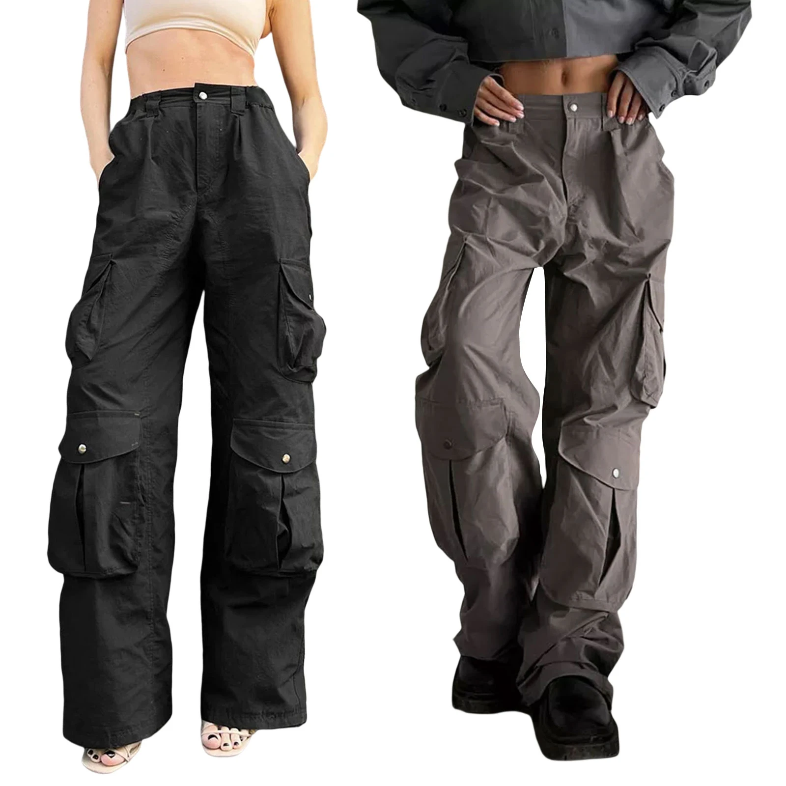 

Женские повседневные длинные брюки-карго, однотонные свободные прямые брюки с высокой талией и несколькими карманами