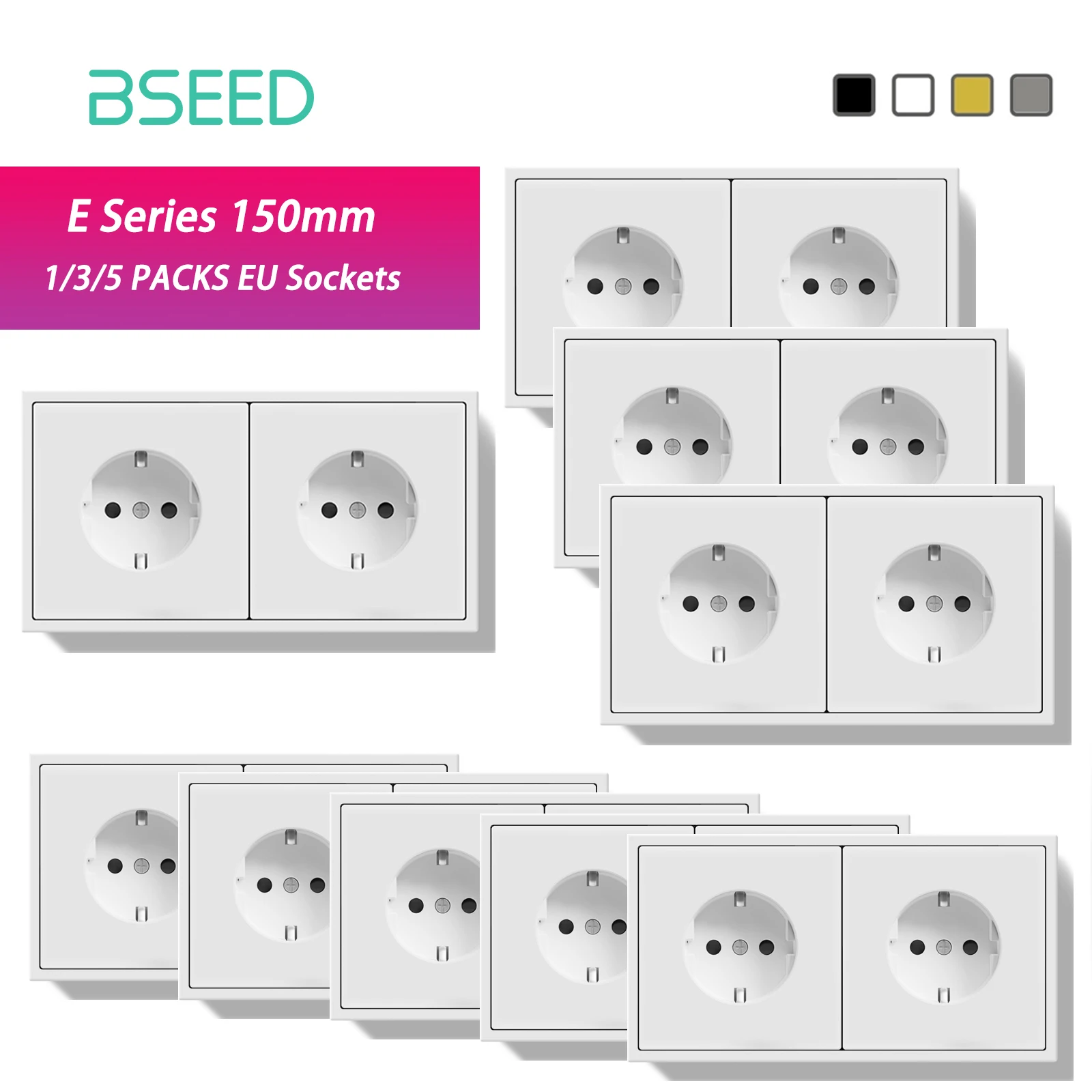 Фото BSEED E Series 1/3/5 Pack Двойные настенные розетки Электрические розетки Массовый набор Белый Черный Пластиковая рамка Защита детей 16A №1