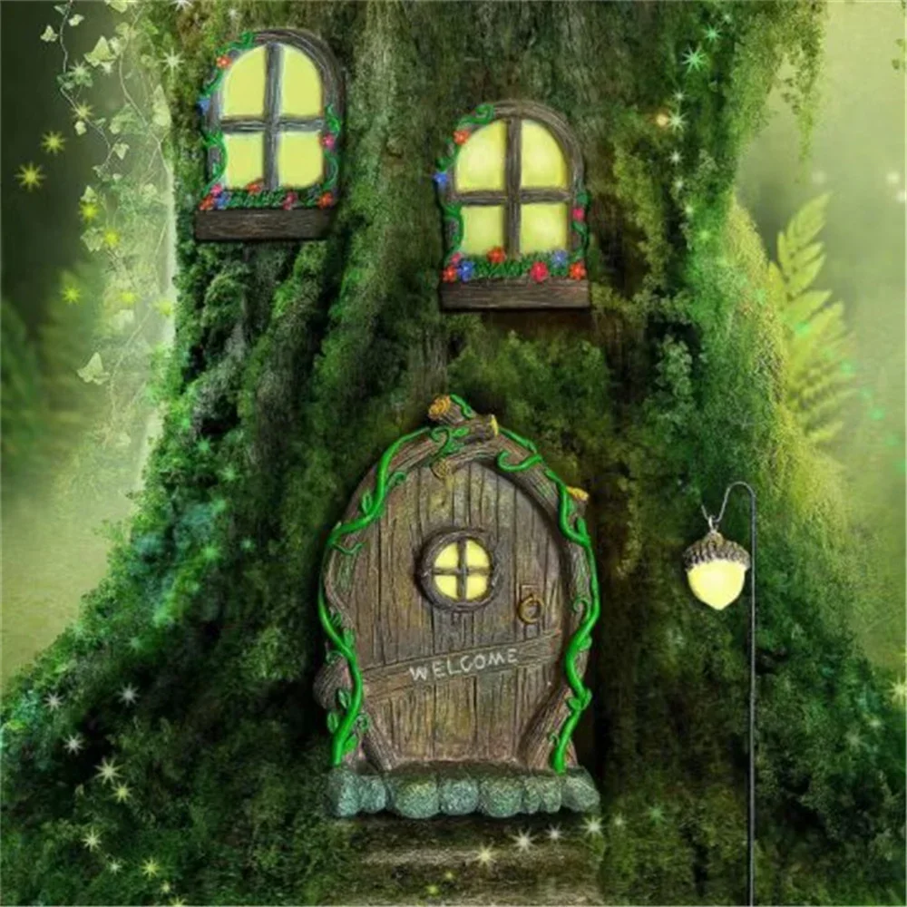 

Luminous Mini Gnome Fairy House Window Door Trees Glow in The Dark Yard Garden Sculpture Lawn Ornament Mini Elf Home Decor