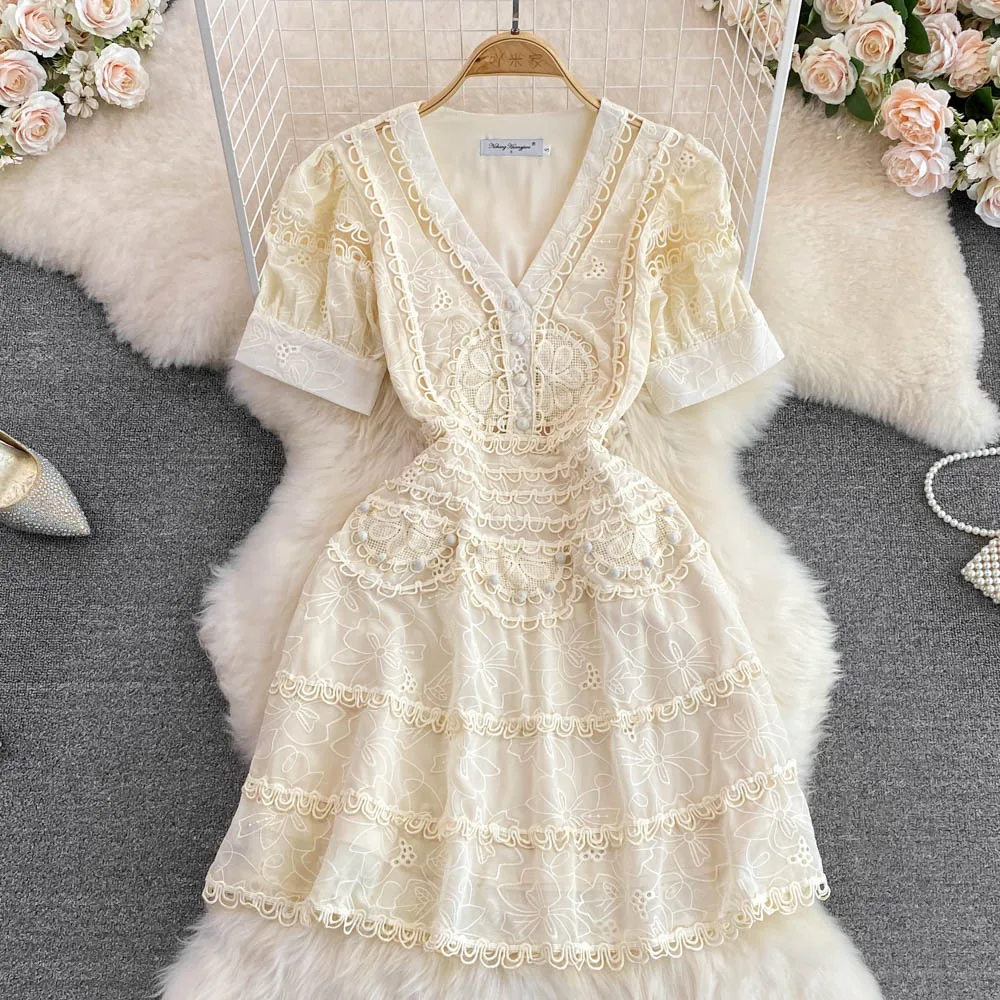 

Летнее корейское платье в стиле ретро с v-образным вырезом и пышными рукавами, приталенное платье трапециевидной формы