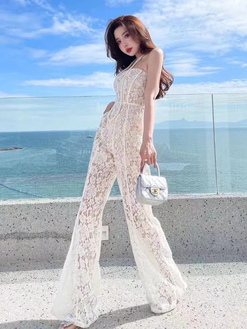 new summer office lady Fashion casual sexy brand female women girls lace hollow out wide leg jumpsuits