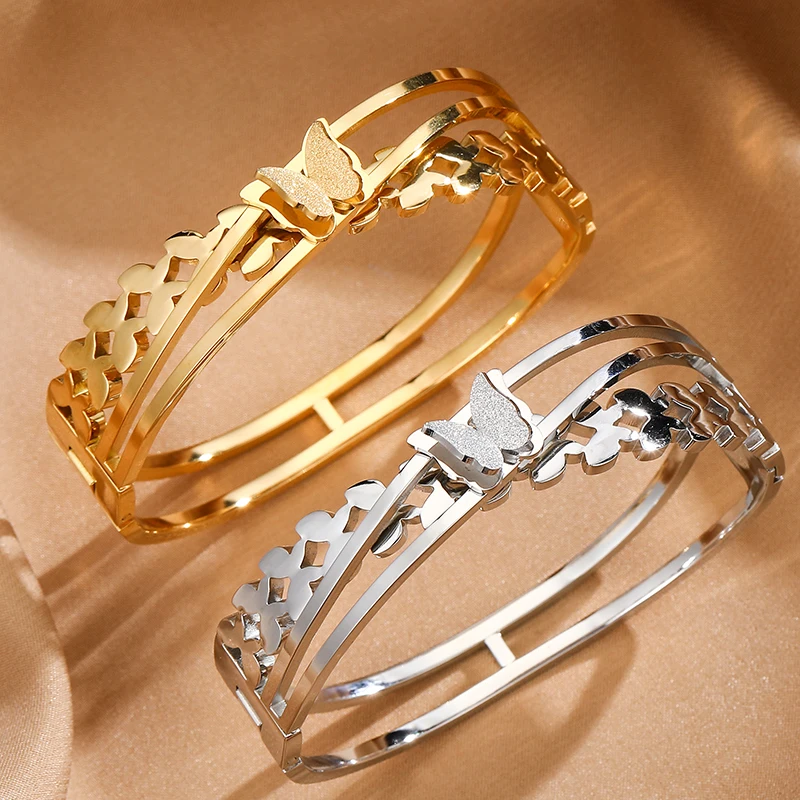 

Stainless Steel Bangle Butterfly Two Colors Plated Wide And Big Wristband