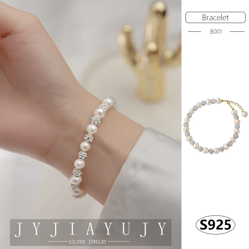 

JYJIAYUJY 100% Sterling Silver S925 Bracelet 7mm Natural Freshwater Pearl 6mm Shining Beads Hypoallergenic Women Jewelry B001