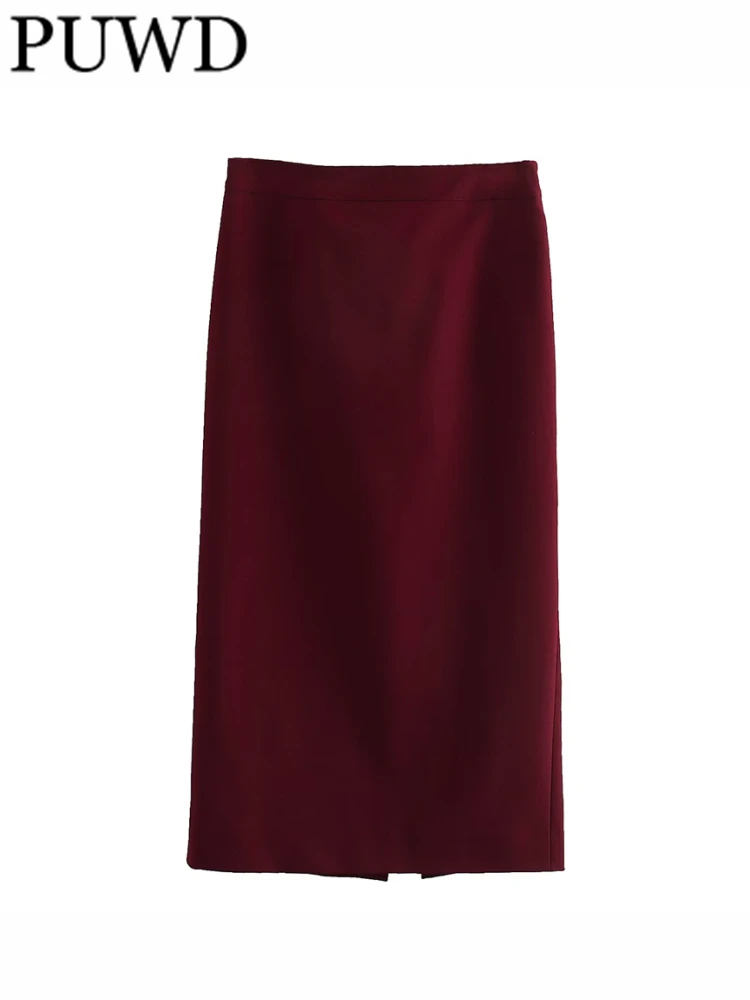 

Повседневная Женская мода PUWD, красные прямые миди-юбки, лето 2023, винтажные однотонные женские юбки с боковой молнией Mujer