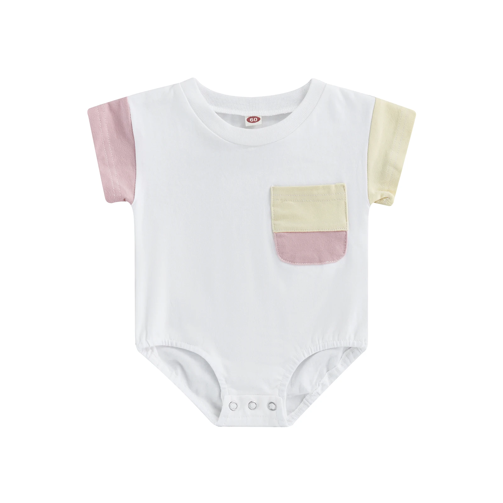 

Summer Infant Loose Romper, Baby Girls Boys Leisure Style Color Matching Short Sleeve Round Collar Jumpsuit with Pocket