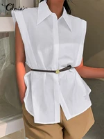 celmia women 2022 fashion shirts loose lapel casual sleeveless tops stitching street buttons chic blouses asymmetrical hem blusa