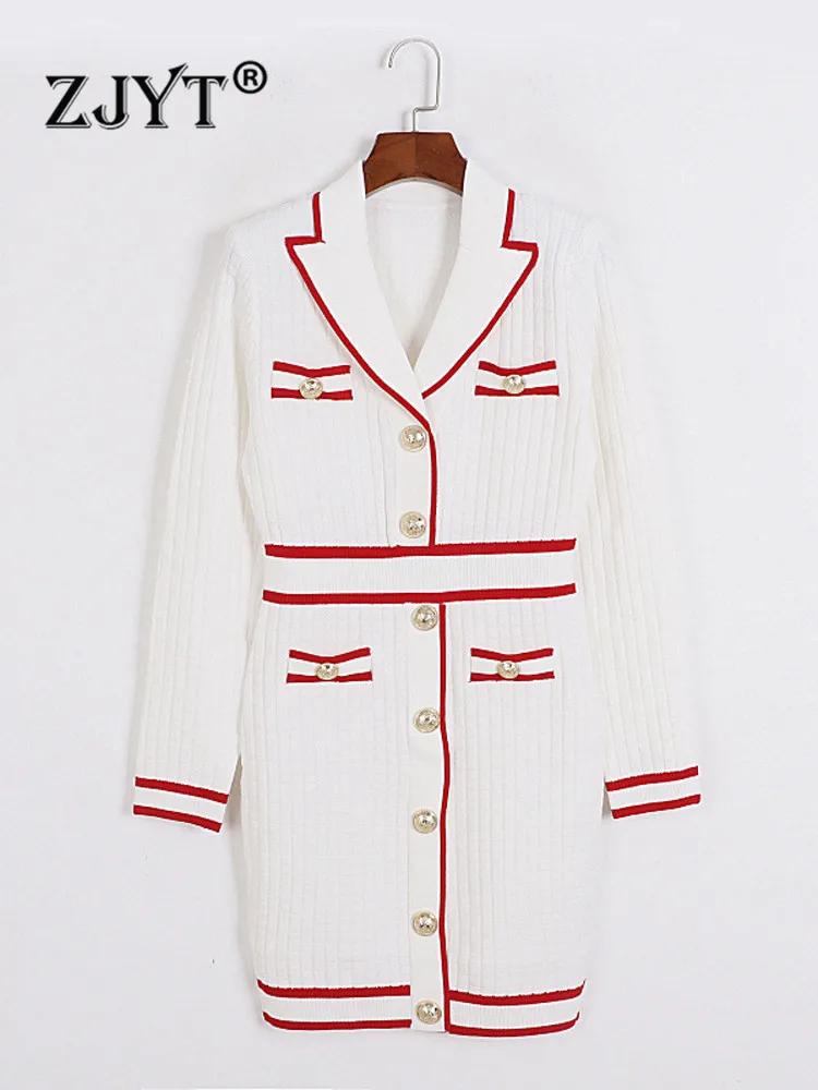 

ZJYT Fall Winter Color Block Knitted Sweater Dress for Women Long Sleeve Single Breasted Buttons Knitwear Casual Basic Vestidos