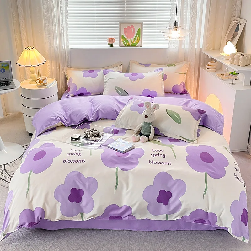 

Kawaii Washed Cotton Bedding Set For Kids Girls Purple Flower Duvet Cover Full Queen Size Washed Cotton Bed Sheets Pillowcases