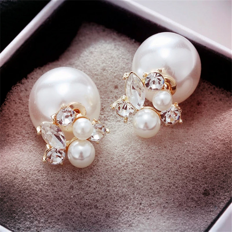 Double Sides Pearl Stud Earrings Trendy Fashion Two Ball Crystal Ear Studs Piercing Earring For Women Wedding Party Jewelry Gift