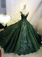 sparkly dark green sequin quinceanera dress sheer short sleeve o neck ball gown prom party wear girls sweet 15 years dresses