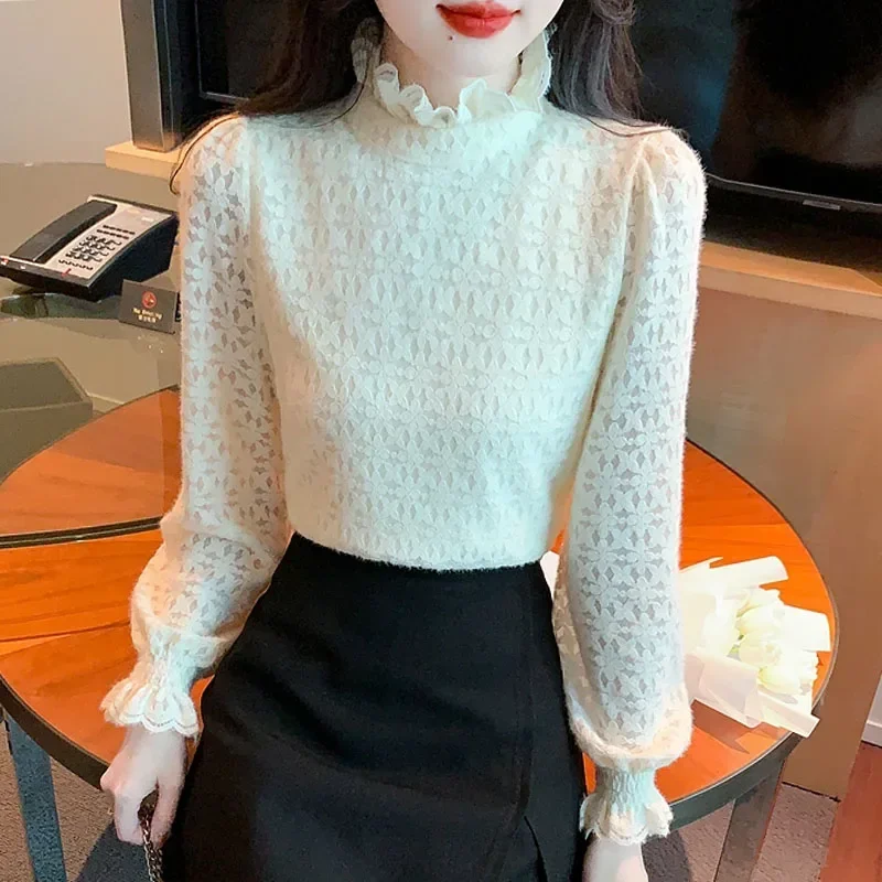 Модная женская блузка с длинным рукавом бархатная утолщенная кружевная рюшами