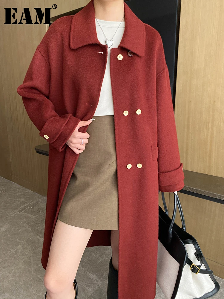 [EAM] 48% шерсть красное длинное теплое шерстяное пальто большого размера новая